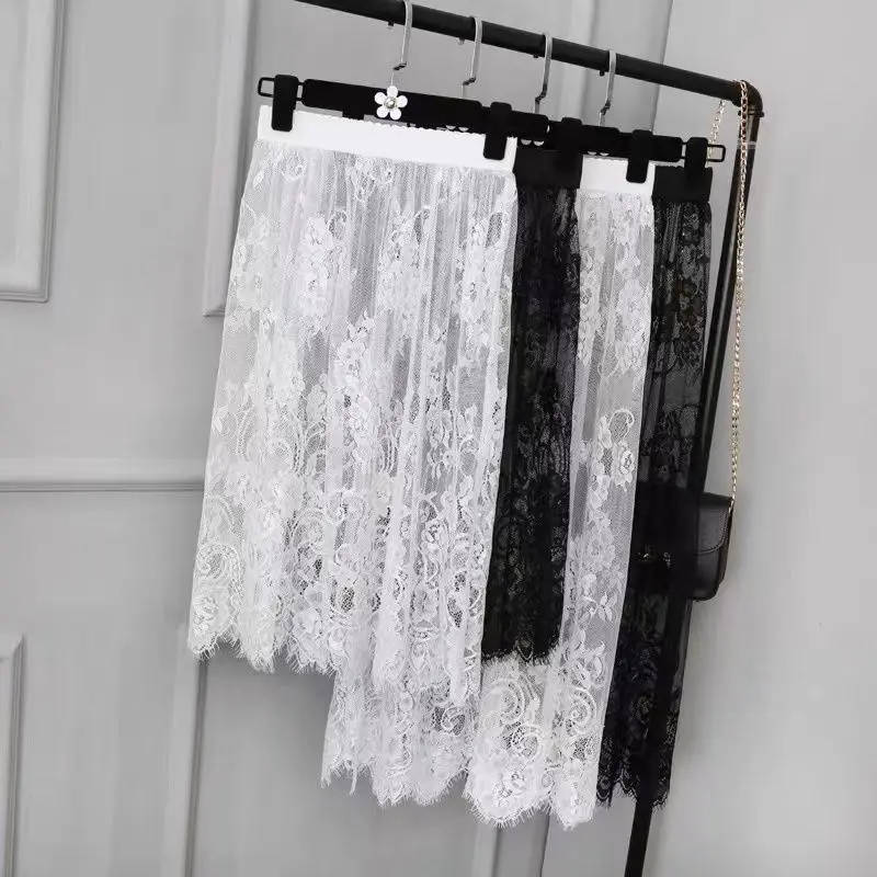 Lace Skirts Women Sexy Ladies Spring Summer Fashion Loose Elastic Waist All-match Sheer Design Solid Simple Petticoat Underskirt
