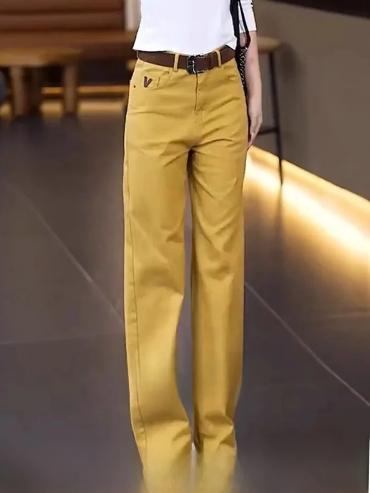 

Casual High Waist Wide Leg Embroidered Jeans Women's Spring Season Straight Cut Pants Stand Fit Pure Color Denim Jeans