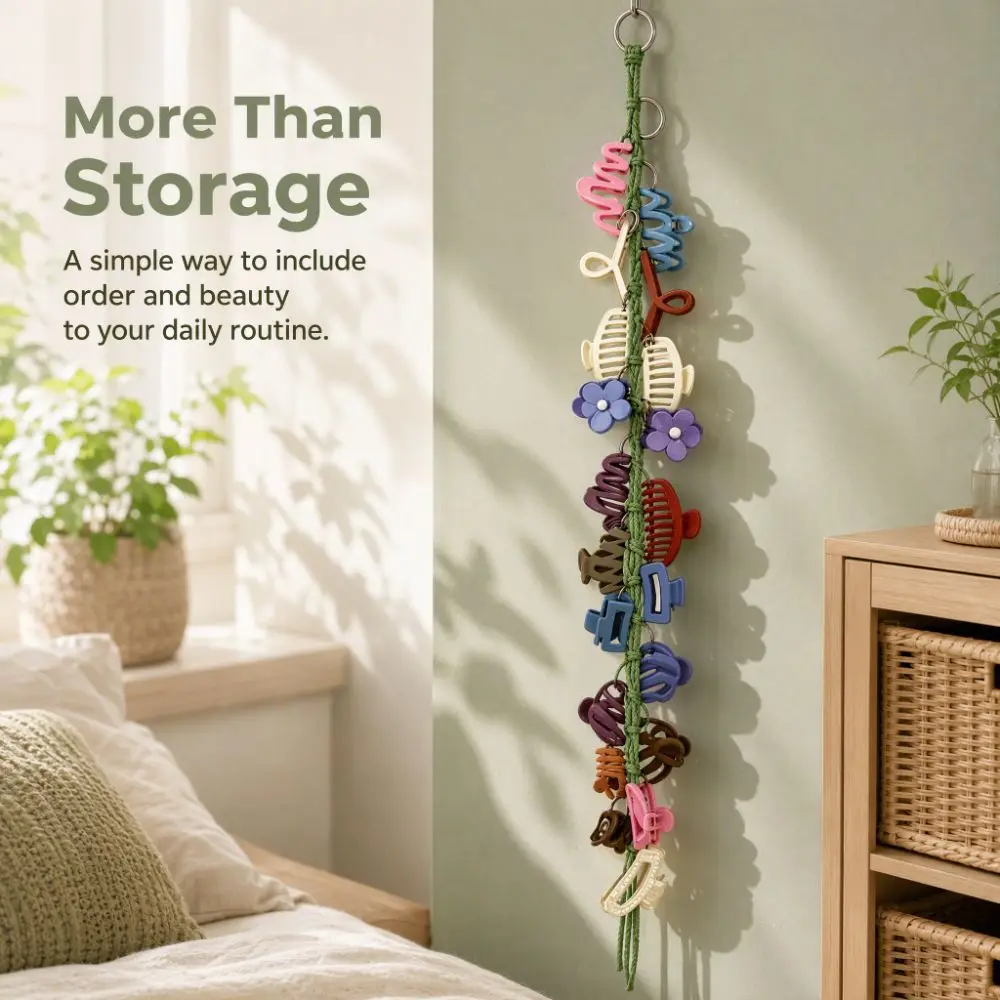 Thicken Hand-woven Hair Clip Organizer Bohemia Tassel Hair Claw Holder Space-Saving Wall-Mounted Hand Woven Cotton Rope Home