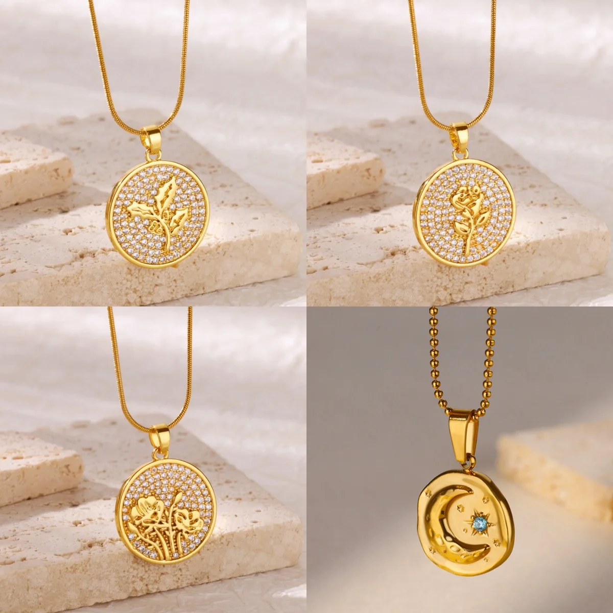 Sweet 12-Month Flower Pendant Necklaces Gold Color Stainless Steel Flower Zirconia Party Jewelry Necklace Gift Free Shipping