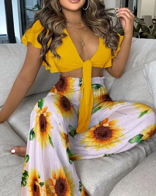 Two Piece Outfits Pants Set Plain Ruffles Tie Front Top & Sunflower Print Short Sleeve V-Neck Female Fashion Casual Pants Sets