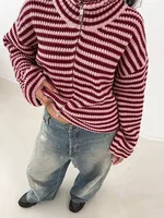 Loose Striped Women's Knit Cardigan Double Zipper Long Sleeve Stand Collar Female Sweater 2025 Autumn Winter Lady Lazy Knitwear - Image 5