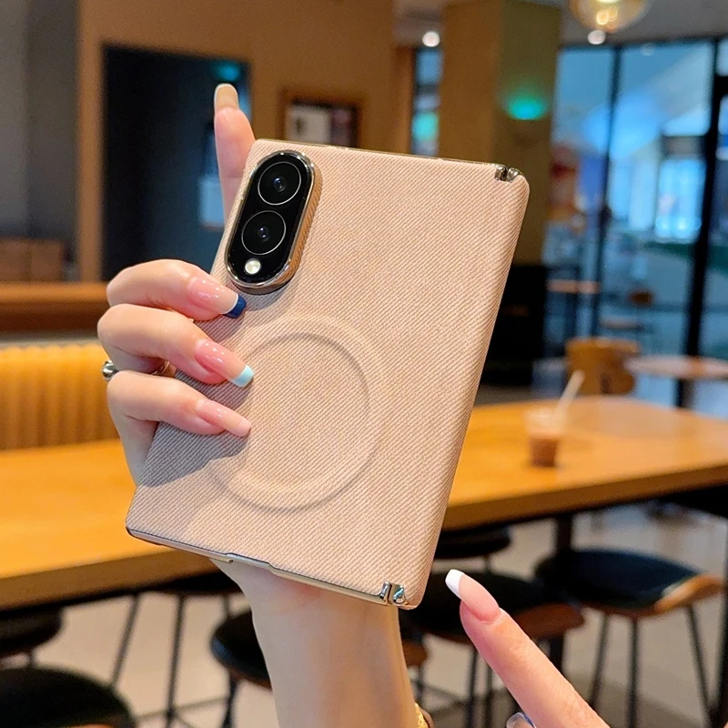 High End Plating Bumper Retro Denim Magnetic Case for Samsung Galaxy Z Fold 8 Ultra 8 7 for Magsafe Hinge Protection Cover