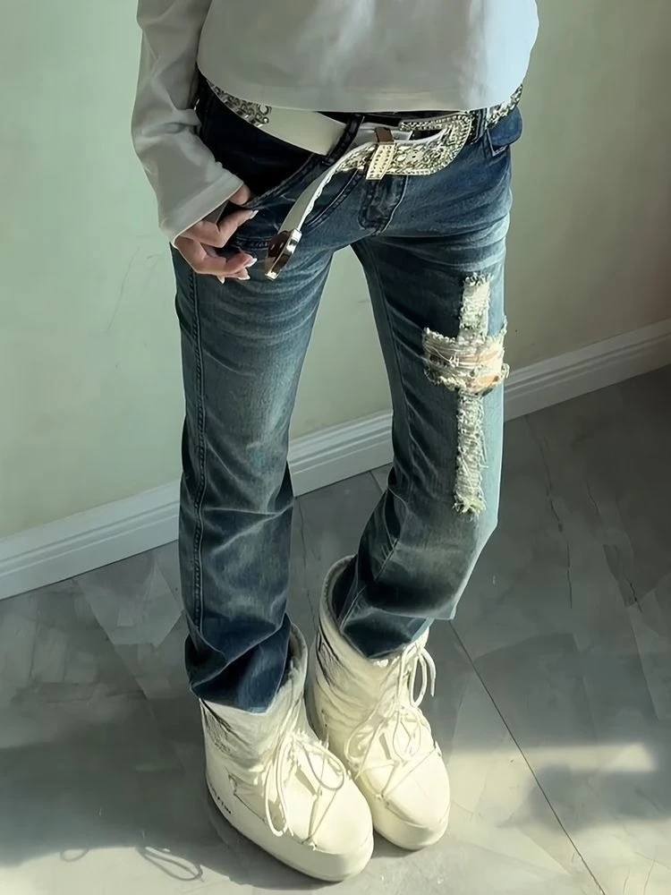 American Vintage Full Length Distressed Jeans Bodycon Women Streetwear Y2k Retro Skinny Flare Denim Pants Washed Hollow 2026