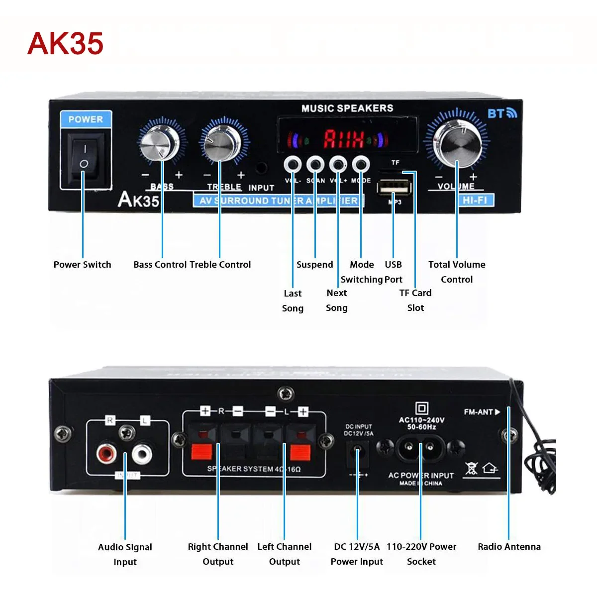 Home Digital Amplifiers Audio Bass Audio Power bluetooth Amplifier Hifi FM Auto Music Subwoofer Speakers USB SD Mic Input AK55