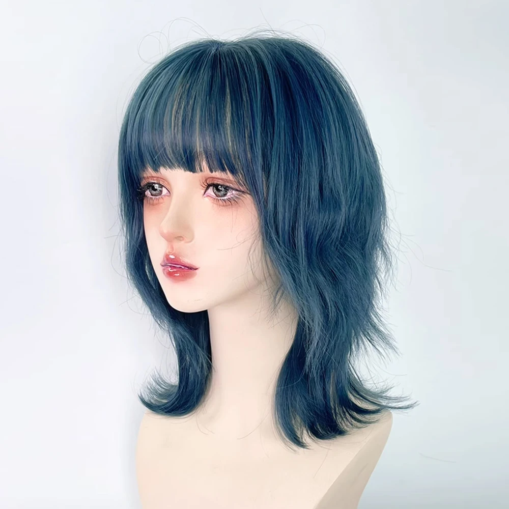 VICWIG Blue Synthetic Mullet Head Wig with Bangs Short Straight Natural Anime Women and Men Cosplay Hair Wig for Daily Party