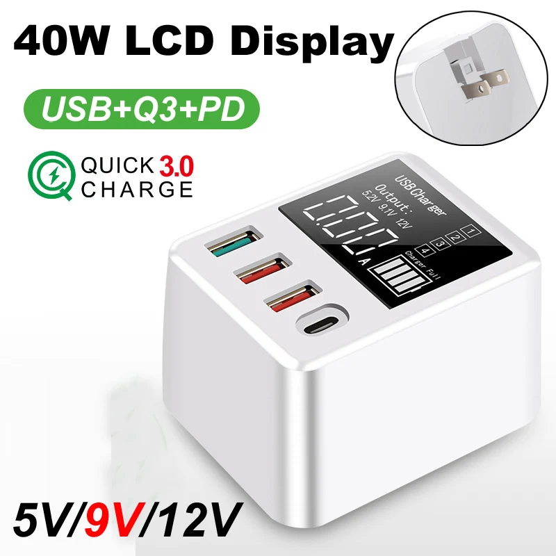 

40W LCD Display QC3.0 Fast Charging USB PD C Charger 4 Ports Portable Phone Charger For iPhone 12 Samsung Type C PD USB Charger