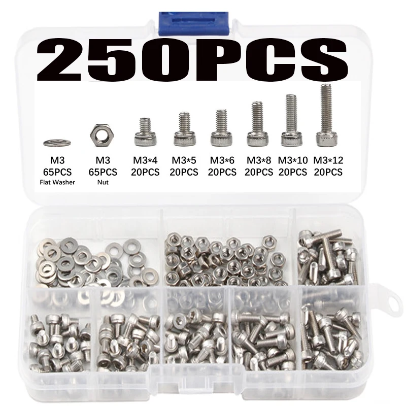 

250Pcs/lot Stainless Steel Screws M3*4/5/6/8/10/12 Hexagon Socket Head Cap Screws Bicycle Hex Bolts Washer Nut Assortment Kit