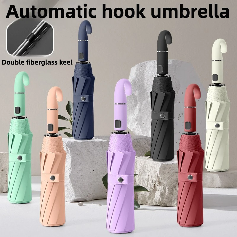 

Windproof Automatic Hook Umbrella, Vinyl Sunscreen Sun UV UPF50+ Protect, Compact Folding Rain Unbrella for Men and Women