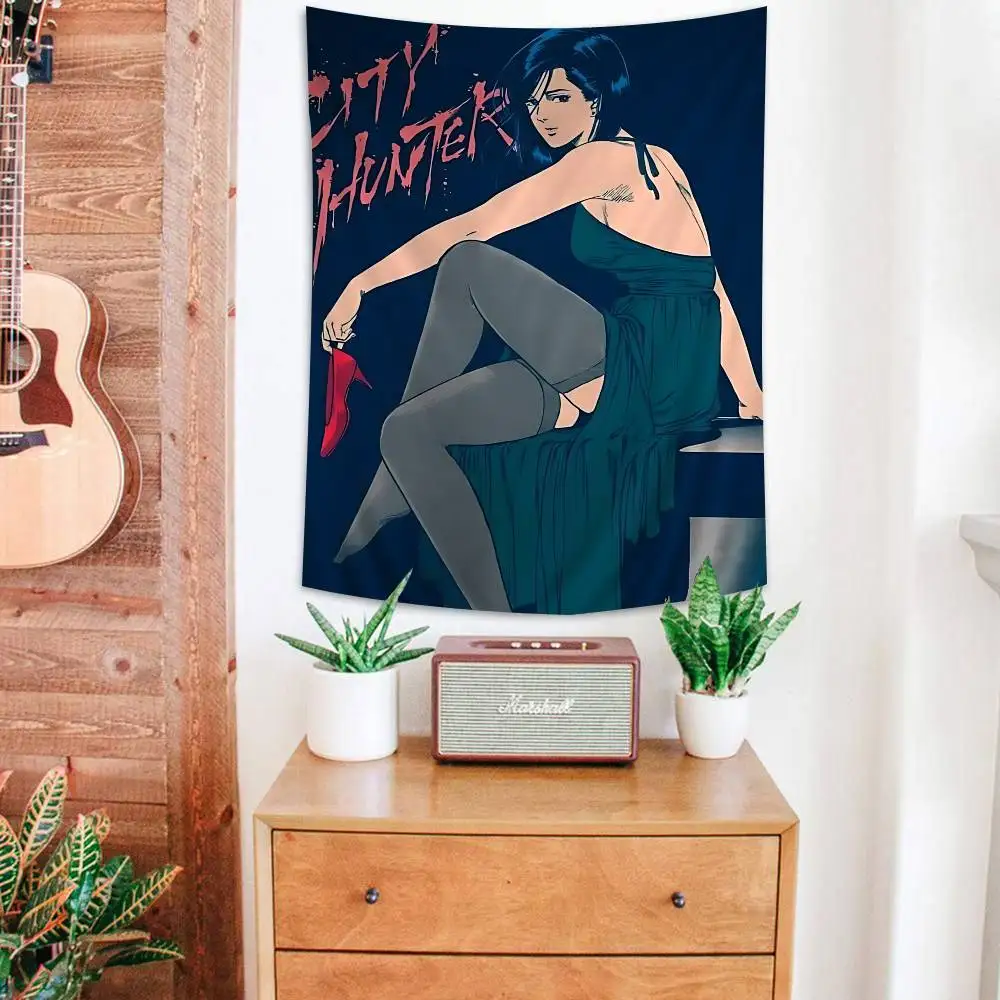 Tapiz de pared de City Hunter con Kaori Makimura - Arte oscuro inspirado en el cine negro, elegante decoración para la habitación, ideal para fans del anime de acción clásico y el manga retro.