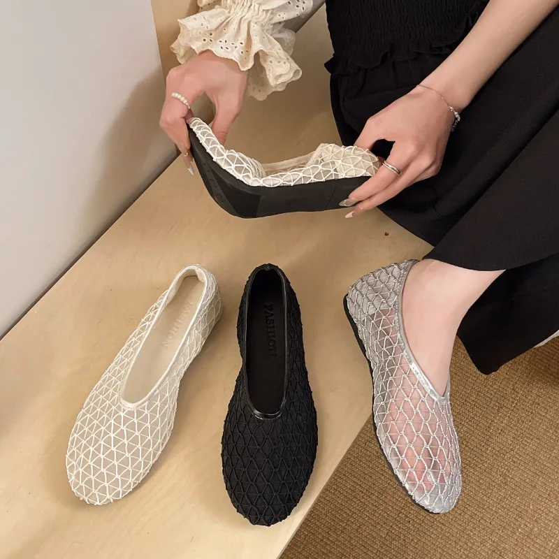 In Summer, Wear Round Toe, Straight Buckles, Casual and Comfortable, Women's Flats, Cut-out Mary Jane Single Shoes,fishnet Shoes