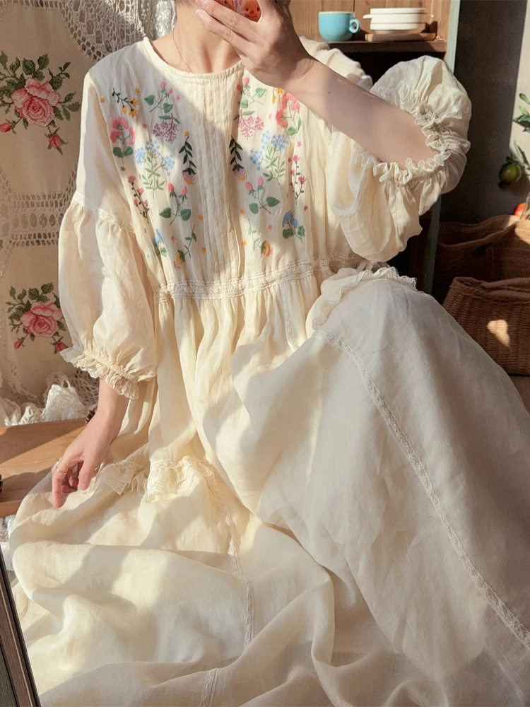

TIYIHAILEY Spring Summer Women Embroidery Ramie Dress With Lining Lantern Sleeve Long Mid-Calf Ladies Loose A-line White Beige