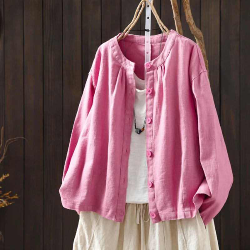 

Женская льняная рубашка с длинным рукавом, Новое поступление, осень 2022, винтажный стиль, однотонные свободные женские повседневные топы с круглым вырезом, рубашки M2175