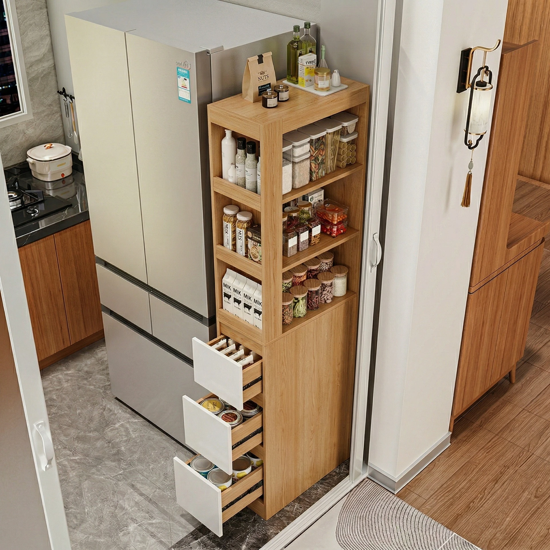 Narrow side storage rack, crevice storage cabinet, refrigerator side, multi-layer pulling