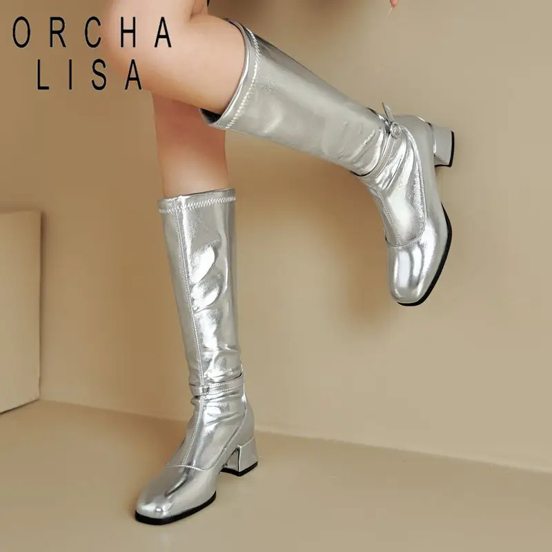 

Брендовые женские сапоги до колена ORCHA LISA с круглым носком и блочным каблуком 4,5 см, застежка-молния, ремень, большие размеры 43, 44, 45, 46, серебристый, модный