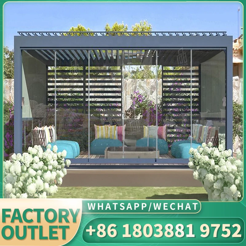 Four seasons 4*3 3*4 Motorized Electric Modern Garden Outdoor Aluminum Louvered Pergola Pavilion Gazebo Pergole with Sides Roof