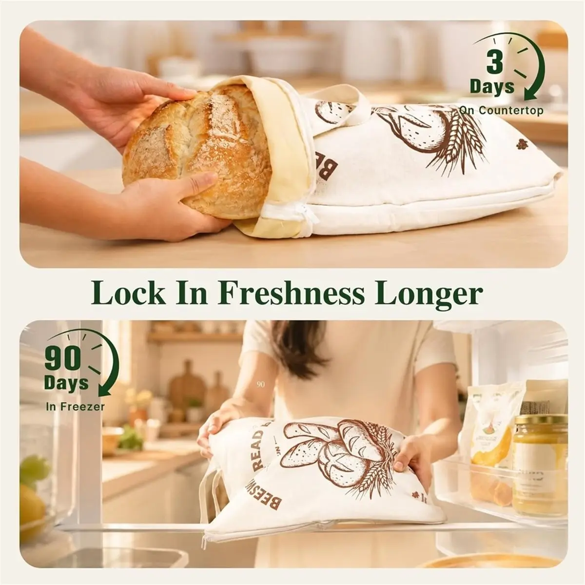 Wide-Opening U-Zipper Beeswax Bread Bag 2 Pack, Beeswax Bread Bags for Sourdough, Easy to Clean Reusable Bread Bag
