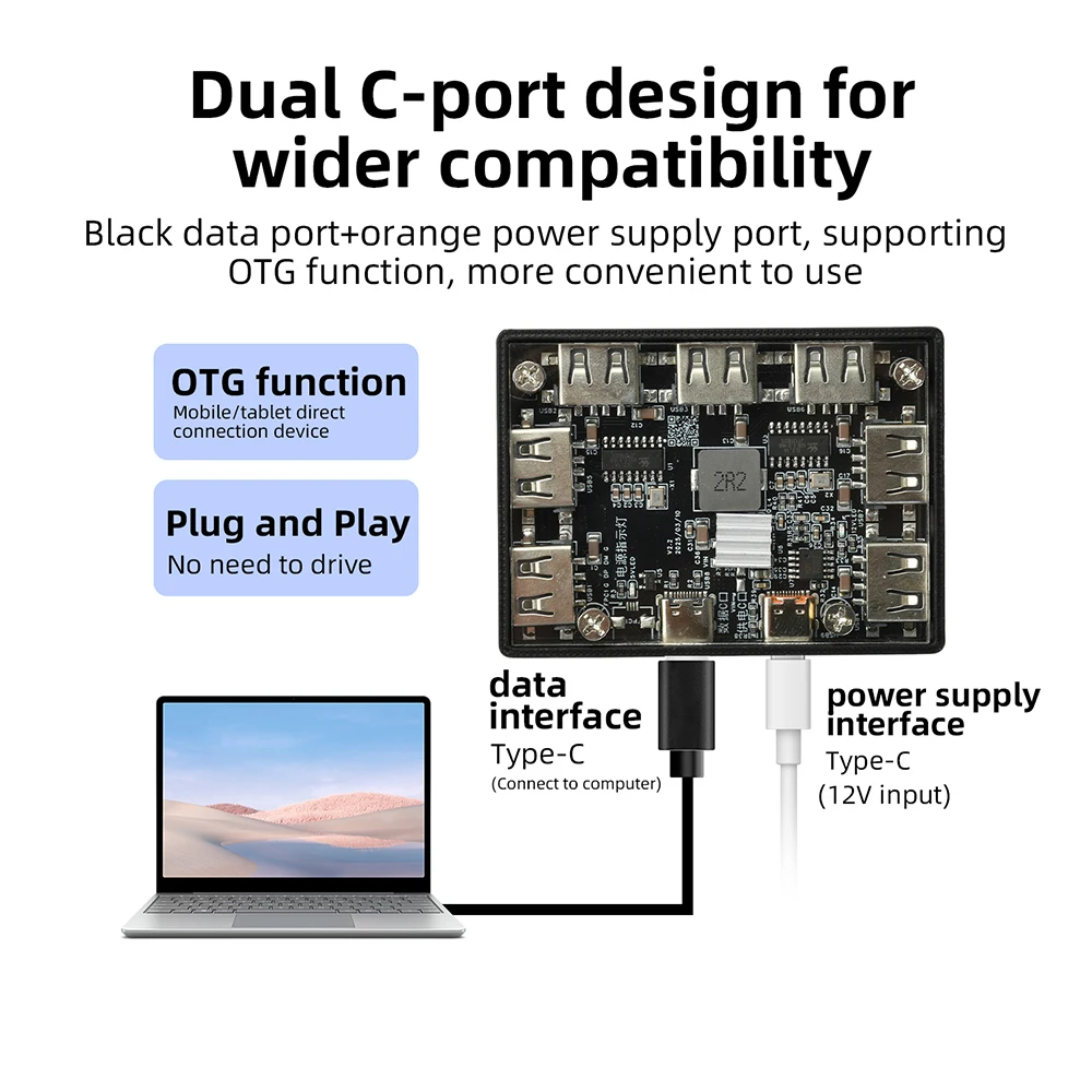 1 to 7 Port USB 2.0 Hub USB Expansion Module With Power Supply Rechargeable Type C Power Supply Port Extender