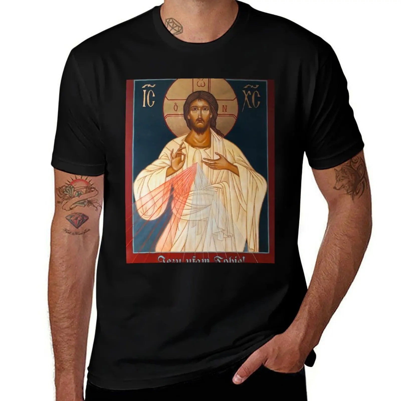 Merciful Jesus Icon by Leonid Bózio - Jezu Ufam Tobie T-Shirt Active Wear Sports T-Shirt for Men