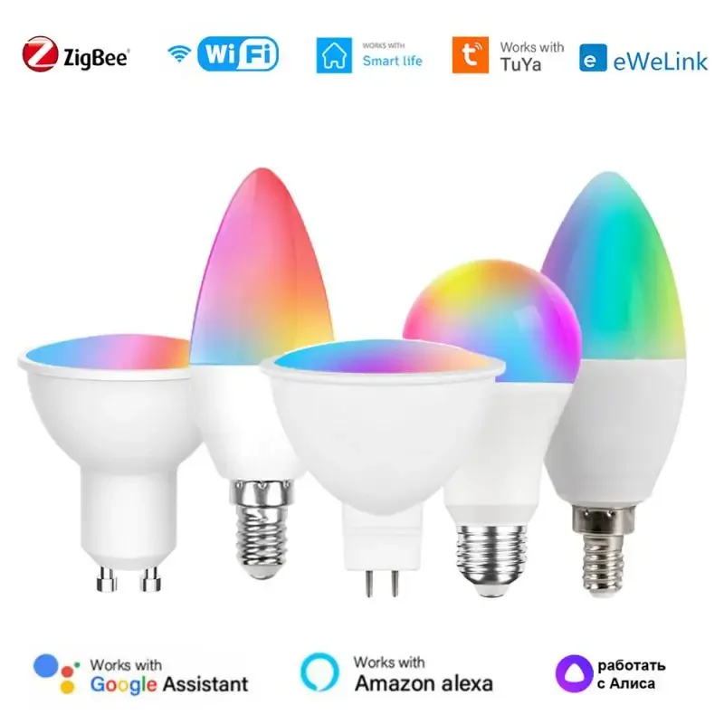 Tuya WIFI Zigbee Smart Light Bulb E27/E14/E12/GU10/MR16 RGB CW Dimmable LED Lamp For Alexa Google Home Alice eWelink App Control