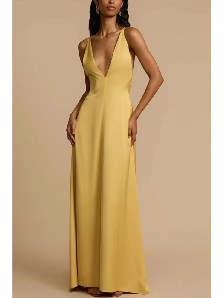 

New Summer Sexy Hot Girl Backless V-neck Long Dress Women's Fashion Simple Solid Color Sleeveless Suspender High Waist Dresses
