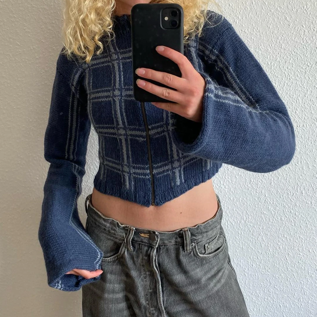 

Street Wear Women Zip-up Plaid Crop Cardigan Slim Contrast Long Sleeve Sweater Jacket for Winter Fall