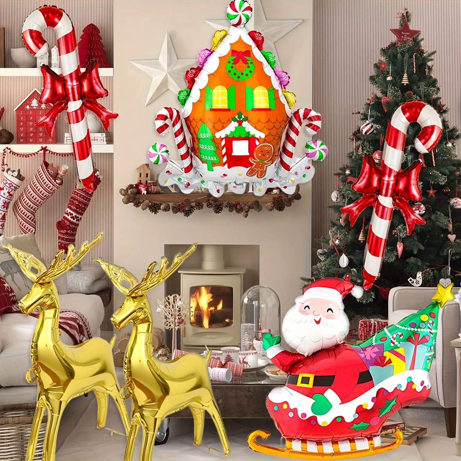 6 Stück Weihnachtsballons, riesige weihnachtliche dekorative Luftballons, stehend, Rentierschlitten, Lebkuchenhaus, Urlaub, Party-Dekorationen