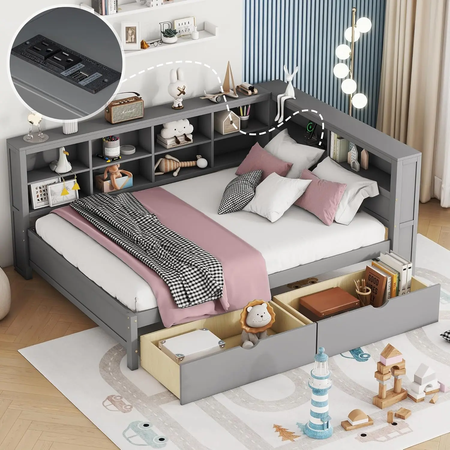 

Full Size Daybed Bed with Storage Drawers and Bookcase, L-Shape Daybed with USB Ports and Headboard, Full Corner, Customized