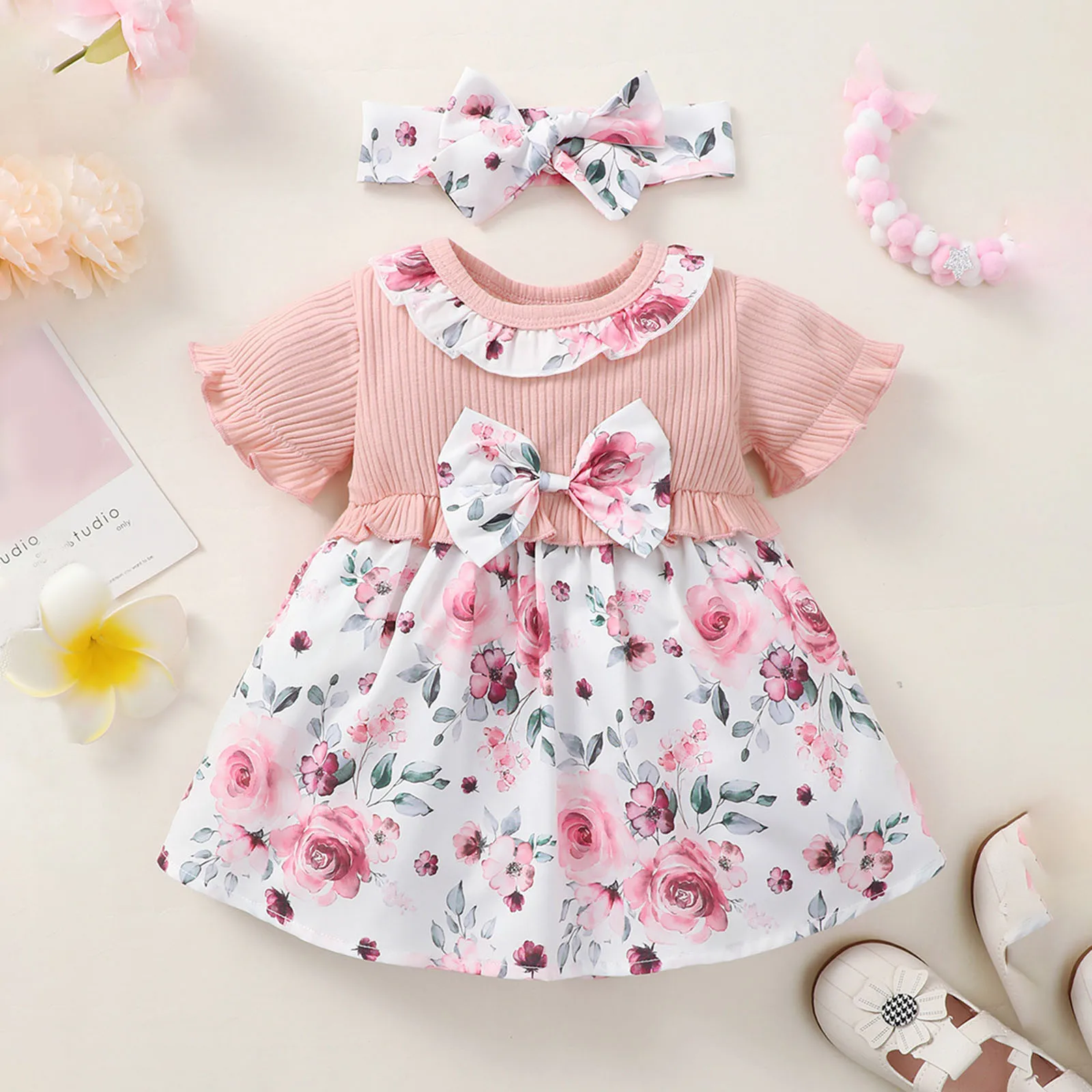 Infant Baby Girls Patchwork Bow Short Sleeve Dress Toddler Round Neck Decorative Bowknot Ribbed Ruffle Newborn Fashion Dress