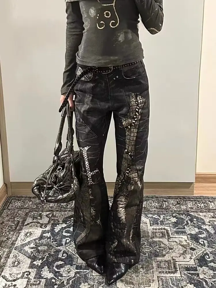 

Street Vintage Print Bell Bottom Jeans Summer High Waist Denim Pants for Women 2025 New Loose Straight Wide Leg Pants