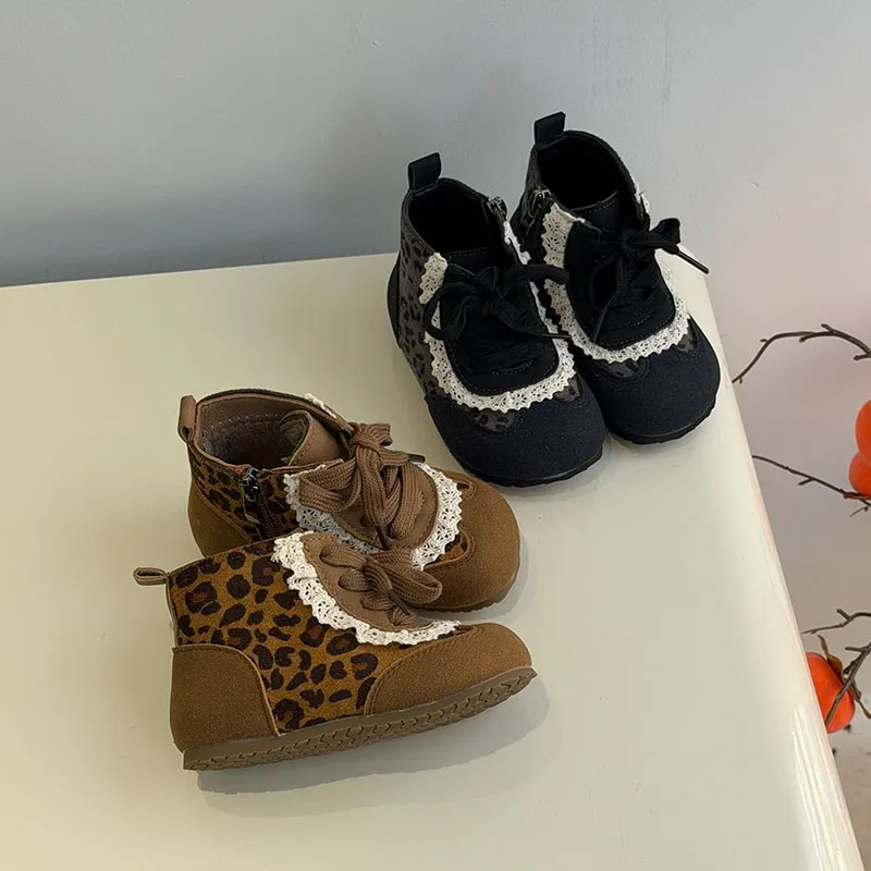 Fall Winter Fashion Leopard Print 0-5Years Baby Boots With Printed Casual Lace Up Upper PU Sports Shoes Baby Shoes Walking Shoes