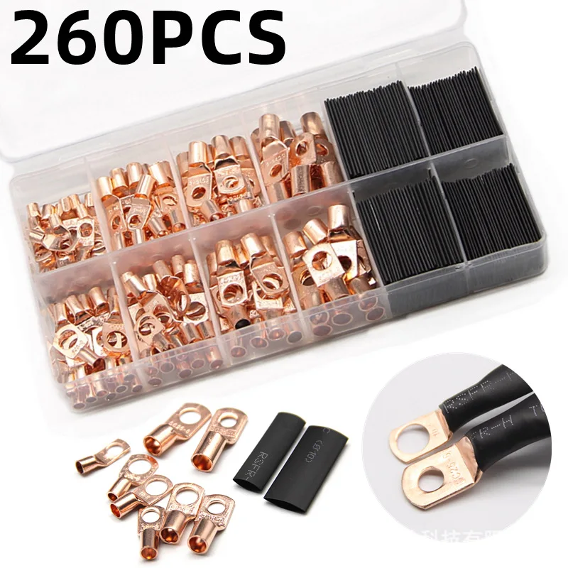 

260Pcs Ring Terminal SC Tinned Copper Tube Terminal Set Lug Bare Cable Crimped/Soldered Terminals Kit