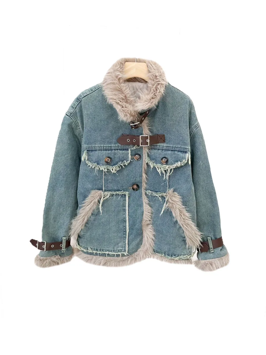 

Denim jacket lapel short loose version splicing double pocket design warm and comfortable 2023 winter new 1213