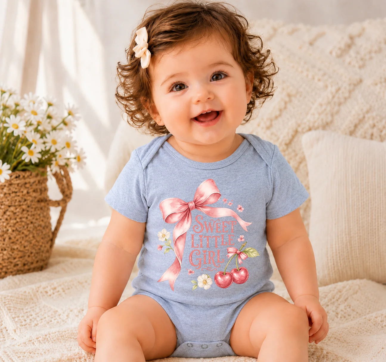 Baby Girl Short Sleeve Bodysuit Sweet Little Girl Bow Cherry Daisy Print Newborn Romper Infant Summer Onesie Cute Toddler Baby C