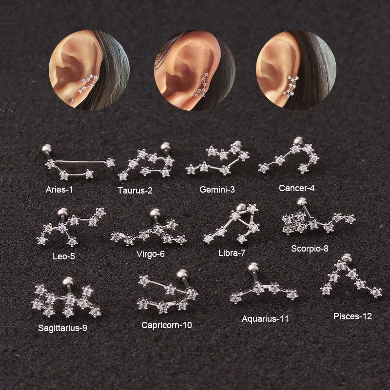 Twelve Constellations Ear Helix Piercing For Women Stainless Steel Cartilage Helix Lobe Piercing Earrings Girl Friendship Gift