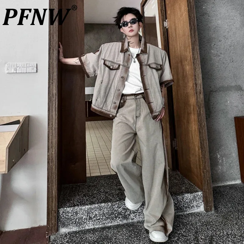 

PFNW 2024 Summer Men's Denim Set Hand-painted Lapel Short Sleeve Jacket Straight Wide Leg Jeans High Street Male Suit 28W3337