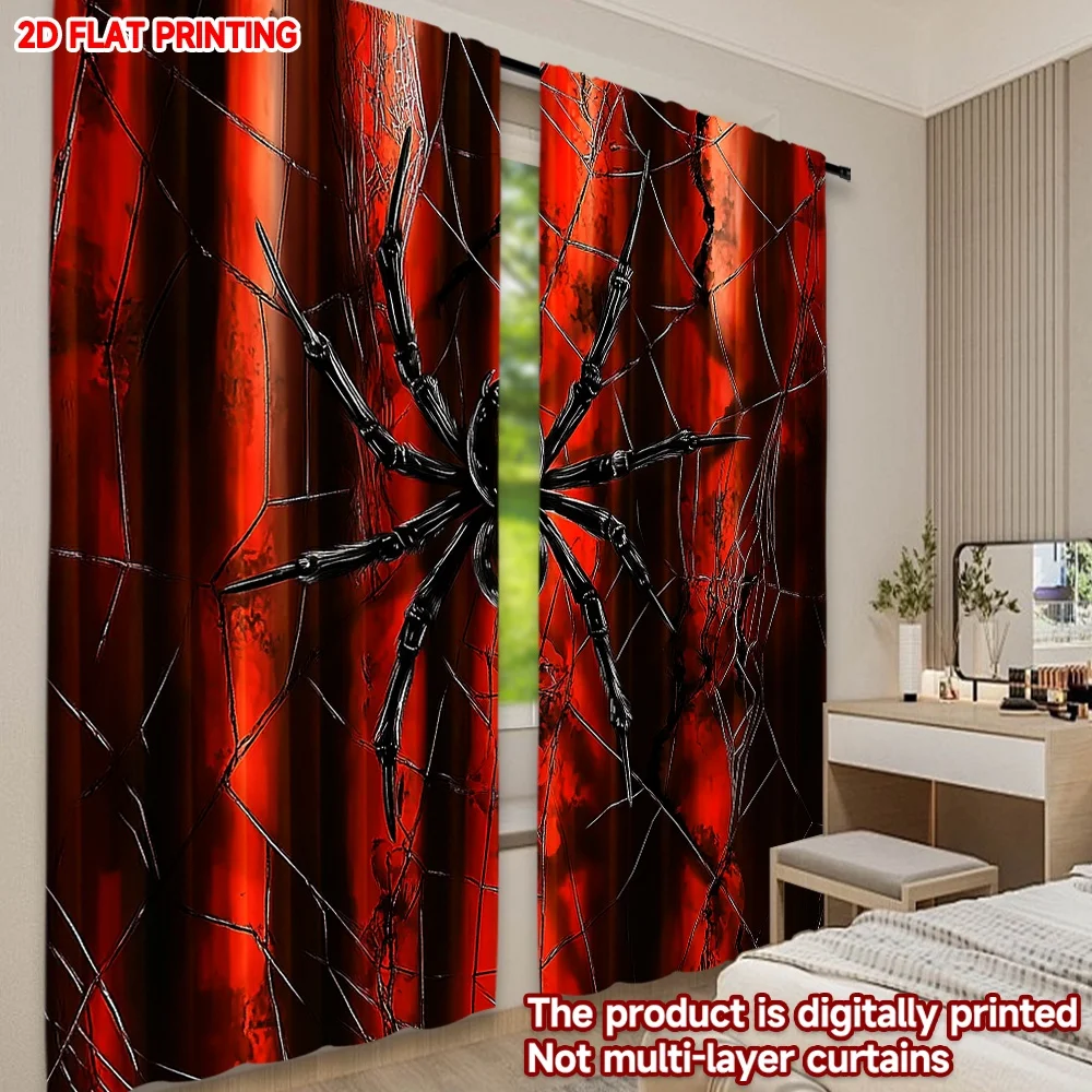 قطعتان من ستائر شبكة العنكبوت بطباعة رقمية مسطحة ثنائية الأبعاد، نسيج العنكبوت الأحمر والأسود الجريء مع نمط العنكبوت القوطي لديكور غرفة موضوع الرعب #6