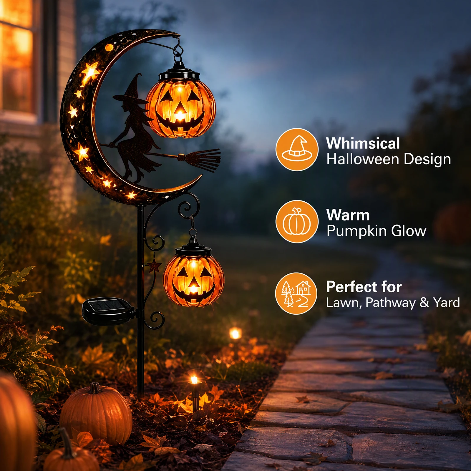 Solar Moon Cats LED Stakes Light Auto On/Off Metal Pumpkin Stake Lights Halloween Decorations Solar Lamp for Housewarming Gifts