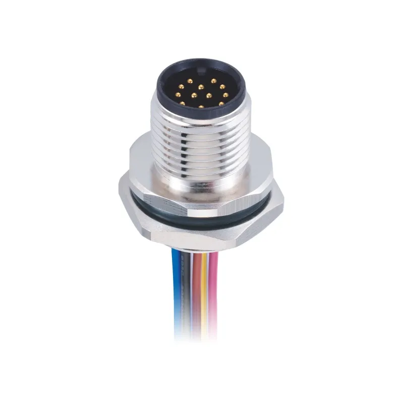 M12 Panel Connector 12pin Male a Code PG9 Classis Side Thread Rear Mount with 0.5m Single Wires