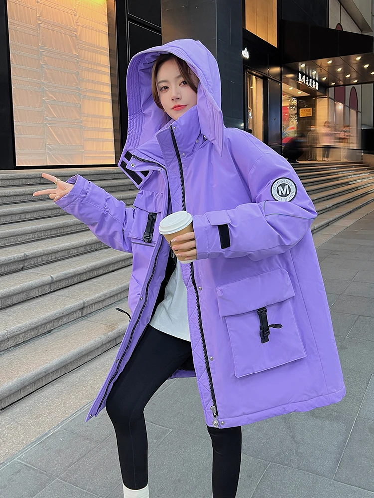 2023 New Down Coat Women's Mid length Korean Version Loose and Fashionable Combination Contrast Color Waist Style Coat