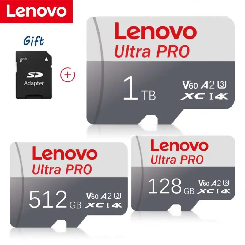 Lenovo Micro TF SD Card 512GB 256GB การ์ด TF 128GB แฟลช USB 1TB 2TB การ์ดหน่วยความจำเมกะไบต์/วินาที100พร้อมอะแดปเตอร์สำหรับโดรนแท็บเล็ต