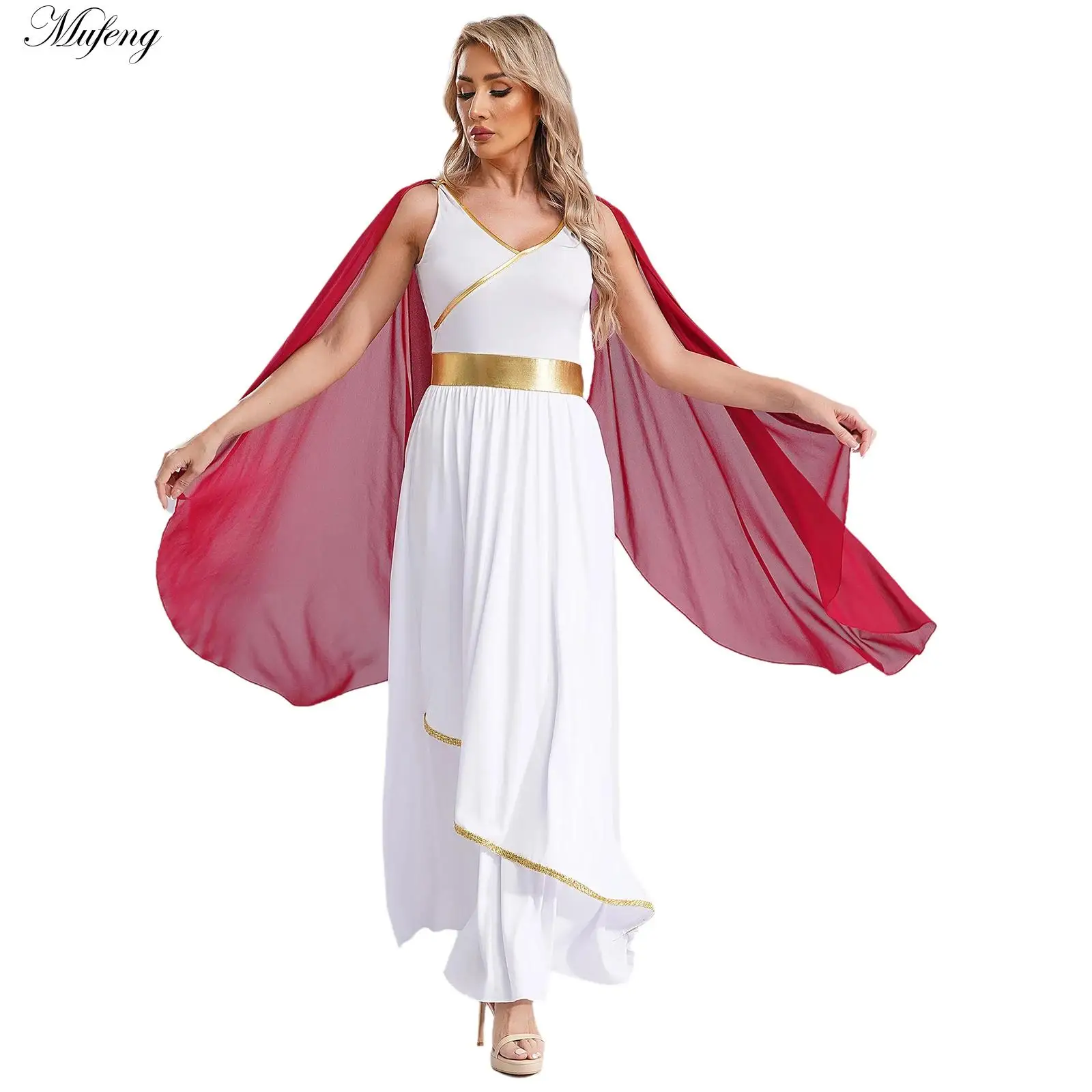 Womens Halloween Ancient Greek Toga Costume Grecian Sleeveless Gown Dress Shawls Flowy Tulle Dress Cosplay Performance Costume