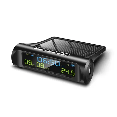 차량용 USB 태양열 충전 스마트 디지털 시계, 달력 시간 온도 LED 디스플레이, 자동차 인테리어 액세서리, 자동 시동