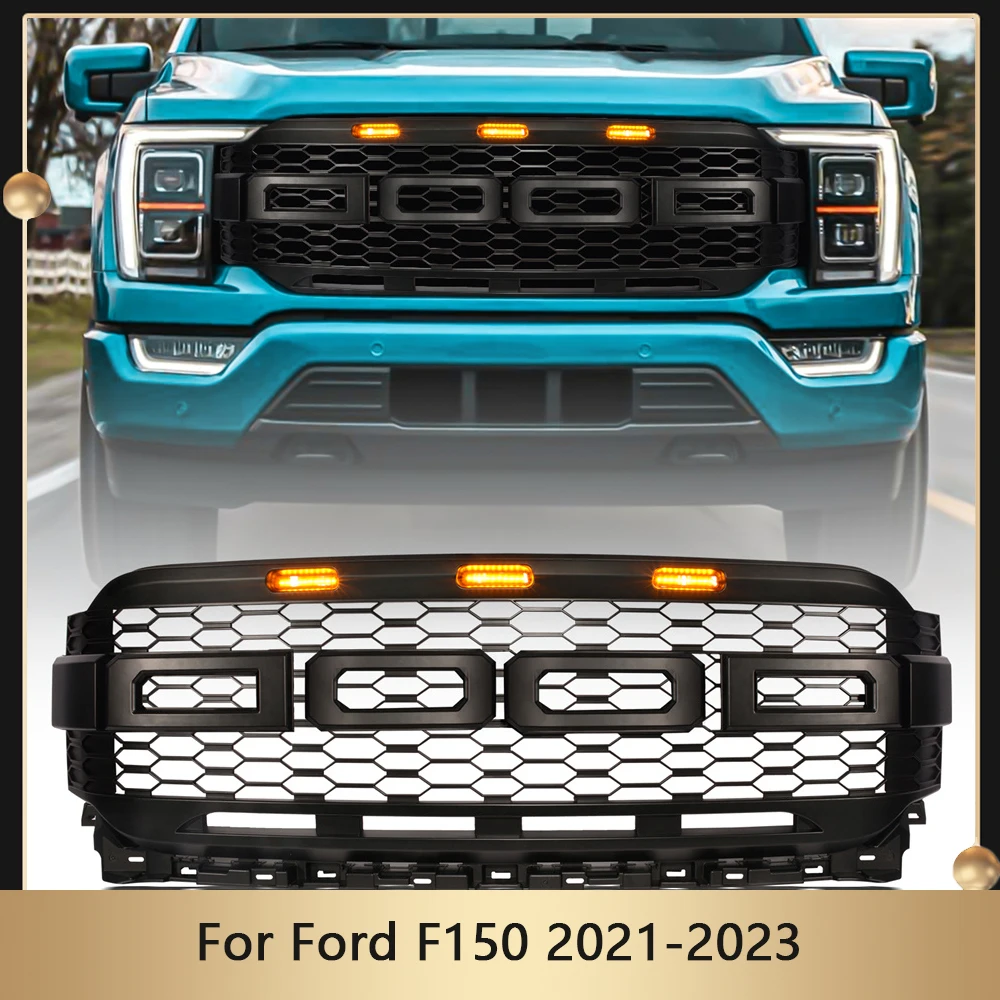 

4x4 Car Accessories Pickup Truck Parts Raptor Front Grille For Ford F150 2021-2023 Racing Grill Grills With Light Upper Grid