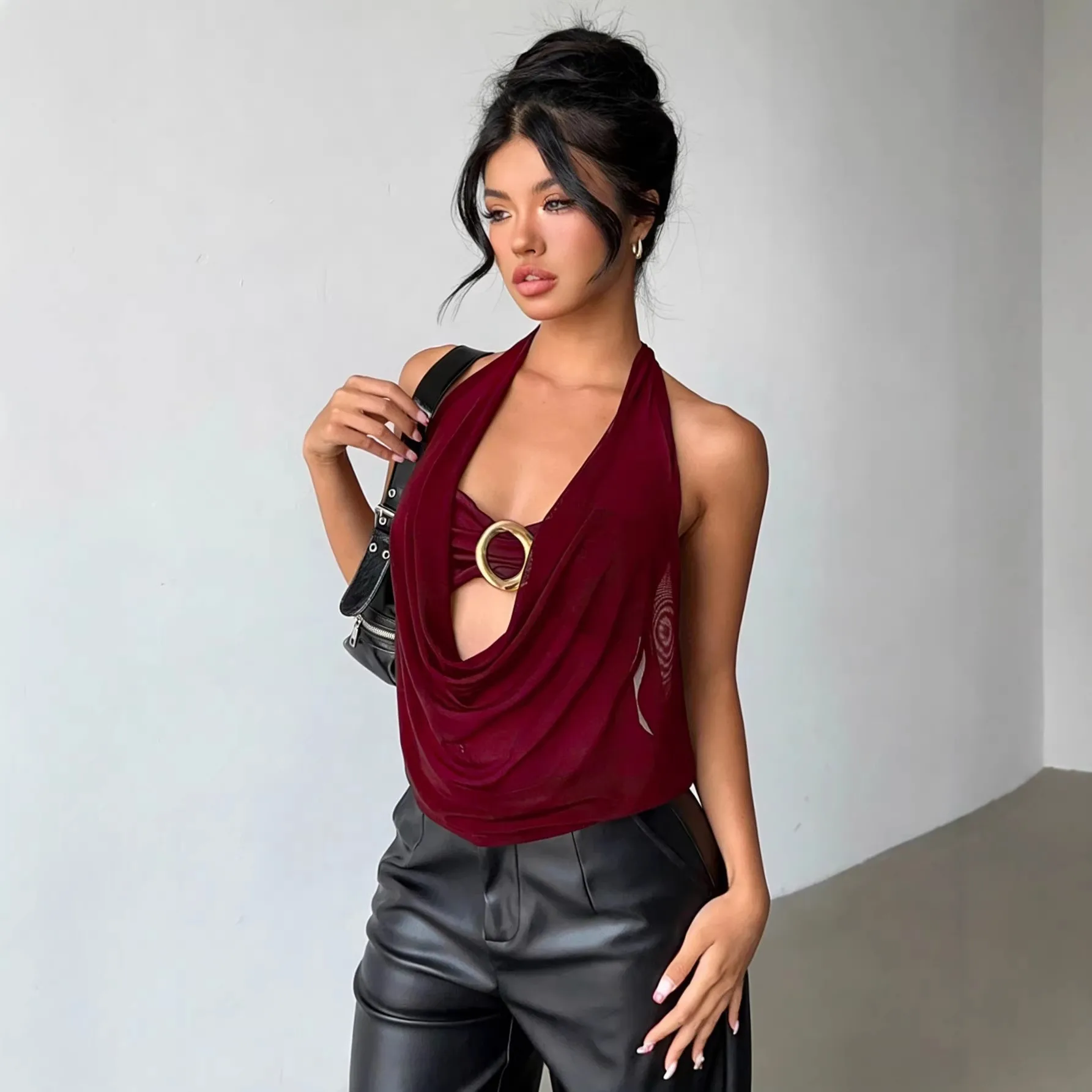 Burgundy Crop Camisole Sleeveless Solid Color V Neck Tank Top Lace Up Hollow Out Cross Back Vest Metal Ring Open Back Sheer