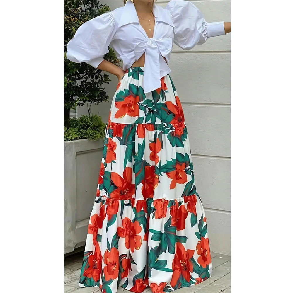 

African Women Spring Summer Outfit Puff Sleeve Crop Top Lace Up Floral Print Maxi Skirt 2 Pieces Set Ankara Dashiki Muslim Dress