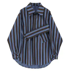 Korean striped shirt with asymmetrical personality, casual and fashionable lapel, loose fitting shirt  blouse  shirts