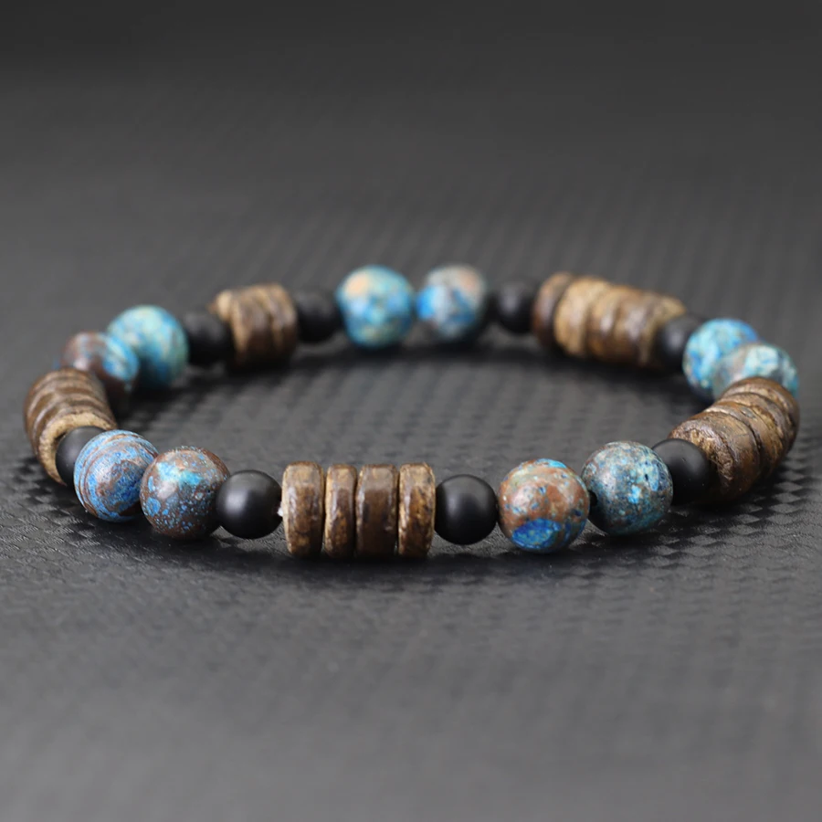 Trendy Natural Stone Wooden Beads Bracelet Men 8mm Coconut Husk Tiger Eyes Turquoises Sanskrit Beaded Braclet Meditation Joias