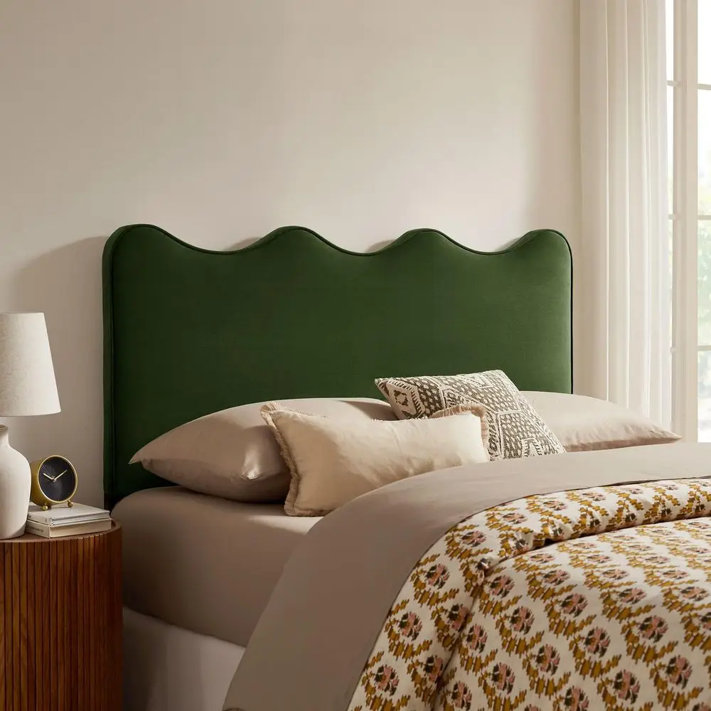 

Athena Full Size Performance Velvet Adjustable Headboard in Moss Green with Scalloped Wave Design and StainResistant Velvet Uph