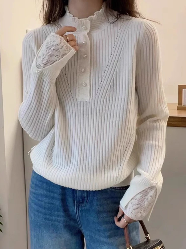 

Эффект для похудения, жемчужная пуговица, шерстяной топ с высоким воротником, ранняя осень, модный свободный кружевной вязаный свитер, основа irt